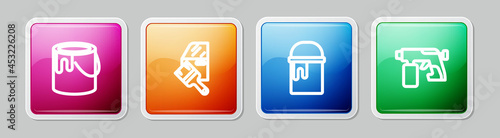 Set line Paint bucket, Car painting, and spray gun. Colorful square button. Vector