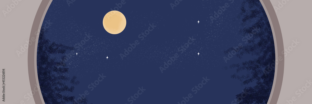 The window with full moon night and trees outside the window. Beautyful  Night scene. Mid autumn festival, hand drawing vector background. Website banner.