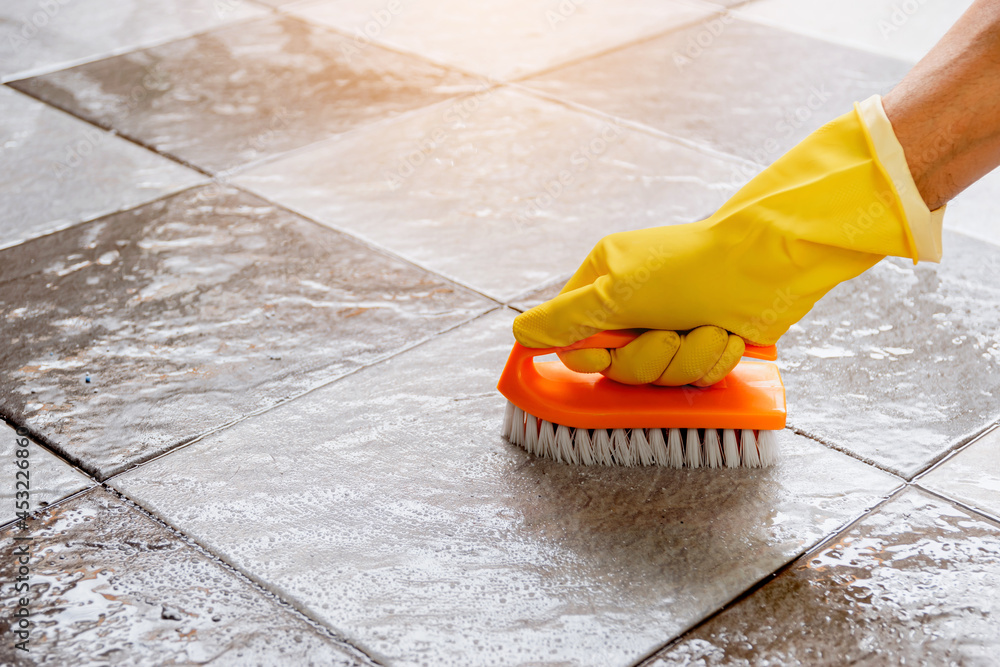 Hands Wearing Yellow Rubber Gloves Are, How To Clean Plastic Tile Floors