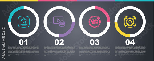 Set line Walk of fame star, Hd movie, tape, frame, Plus 18 and Stereo speaker. Business infographic template. Vector