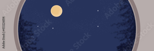 The window with full moon night and trees outside the window. Beautyful  Night scene. Mid autumn festival, hand drawing vector background. Website banner.