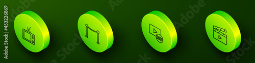 Set Isometric line Retro tv, Rope barrier, Hd movie, tape, frame and Movie clapper icon. Vector
