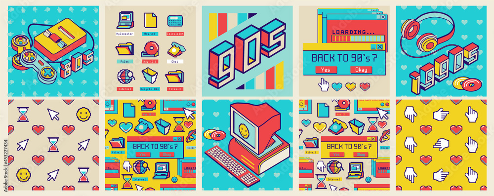 Old computer aesthetic square poster and seamless pattern. Sticker pack of retro computer elements. Nostalgia pixel window. 1980s -1990s style. Cool retrowave user interface and desktop illustration. - obrazy, fototapety, plakaty 