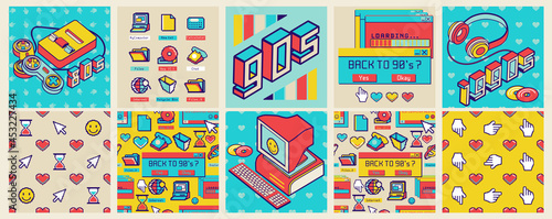 Old computer aesthetic square poster and seamless pattern. Sticker pack of retro computer elements. Nostalgia pixel window. 1980s -1990s style. Cool retrowave user interface and desktop illustration.