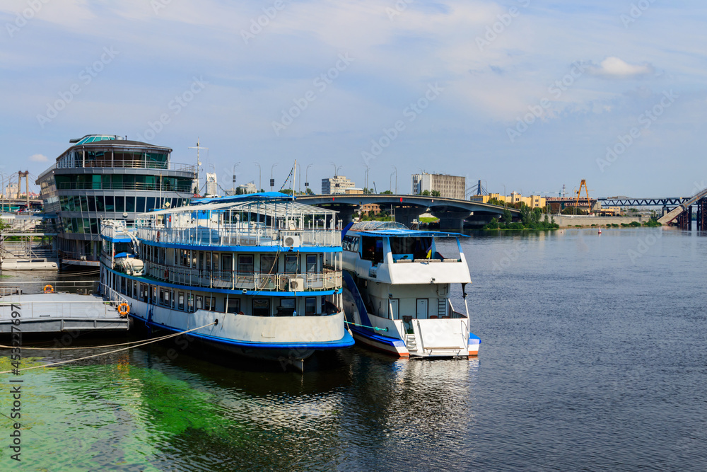Tourist ships in a river port in Kiev, Ukraine