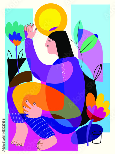 Portrait woman,man face on decorative cubism style character vector illustration.