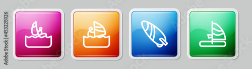 Set line Windsurfing, Surfboard and . Colorful square button. Vector
