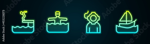 Set line Swimmer diving into pool, Water gymnastics, Aqualung and Yacht sailboat. Glowing neon icon. Vector