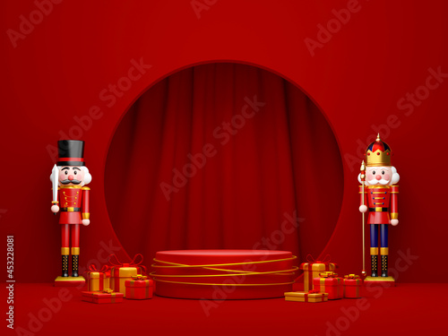 Christmas theme of geometric podium for product with nutcracker, 3d illustration photo