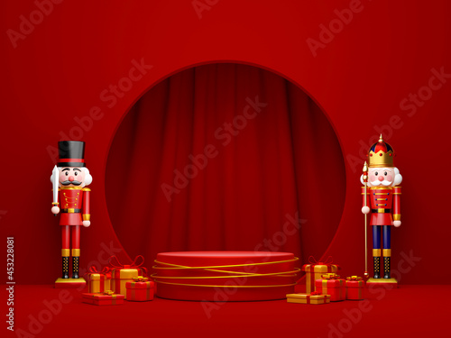 Fotografía Christmas theme of geometric podium for product with nutcracker, 3d illustration