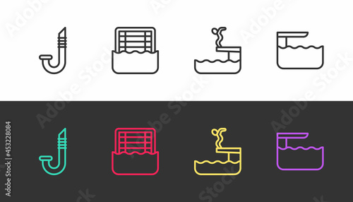 Set line Snorkel, Water polo, Swimmer diving into pool and Diving board springboard on black and white. Vector