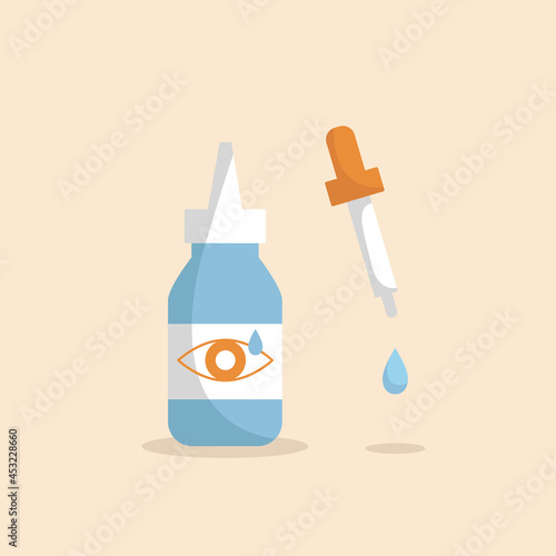 Bottle of eyedrops, pipette and drop of treatment. Medical liquid, pharmacy, solution. Can be used for topics like allergy, glaucoma, opthalmology or eyewash