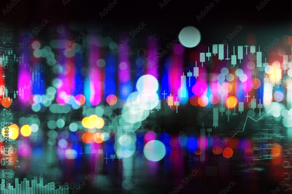 colorful city light and and graph of stock market business abstract background