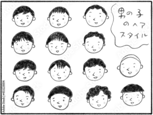 色々な髪型の男の子たち：モノクロ手描き © SodaHisako