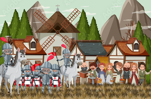 Medieval town scene with villagers