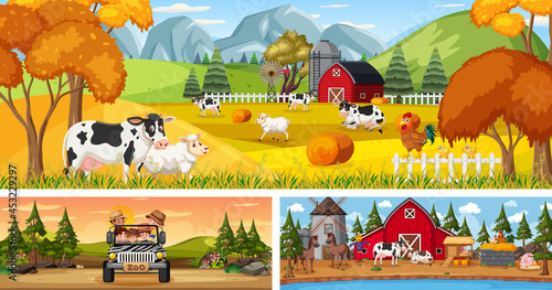 Outdoor panoramic landscape scenes set with cartoon character