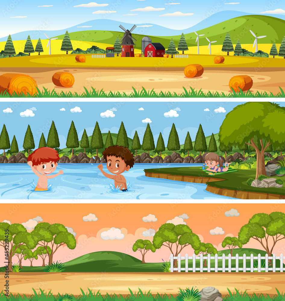 Panoramic nature landscape scene set with cartoon character