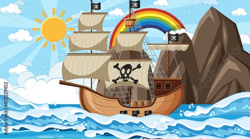Ocean with Pirate ship at day time scene in cartoon style