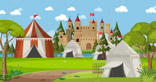 Military medieval camp with tents and castle