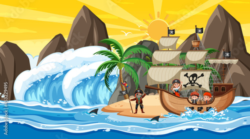 Beach at sunset time scene with pirate kids cartoon character on the ship photo