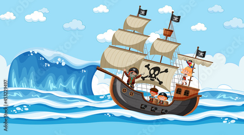 Beach with Pirate ship at daytime scene in cartoon style