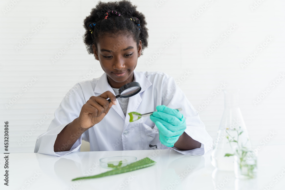 African American girl scientists learning science and looking germs and bacteria through magnifying glass in classroom or laboratory. Scientific experiment. Early development of children African American girl scientists learning science and looking germs and bacteria through magnifying glass in classroom or laboratory. Scientific experiment. Early development of children