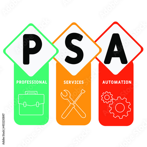 PSA - Professional Services Automation acronym. business concept background.  vector illustration concept with keywords and icons. lettering illustration with icons for web banner, flyer, landing 