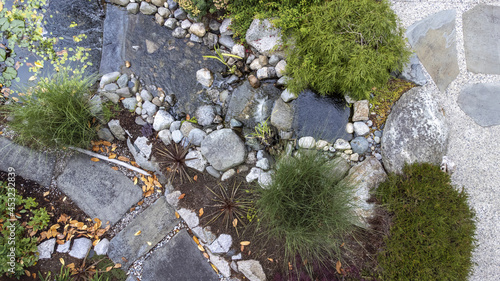 Top down photo of a pond with flowing water and rocks and bushes 