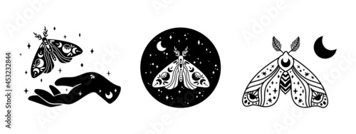 Mystical boho celestial butterfly or moth isolated cliparts bundle, mystical collection, witch hand, moon and stars magic line and silhouette esoteric objects - black and white vector illustration set