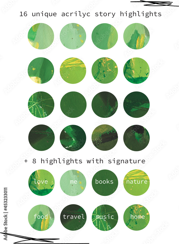 Unique acrylic highlights icons green and yellow for social media with signature. Business and personal profile design Unique acrylic highlights icons green and yellow for social media with signature. Business and personal profile design