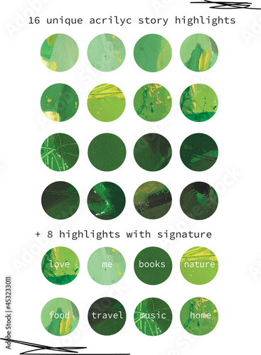 Unique acrylic highlights icons green and yellow for social media with signature. Business and personal profile design