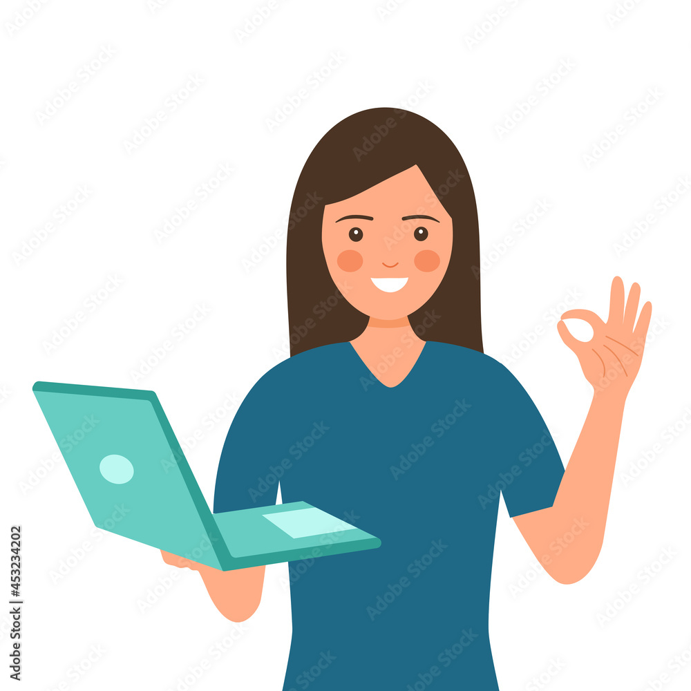 Woman worker freelancer success in work concept vector illustration on white background. Female office employee holding laptop computer with okay hand gesture in flat design. Woman worker freelancer success in work concept vector illustration on white background. Female office employee holding laptop computer with okay hand gesture in flat design.