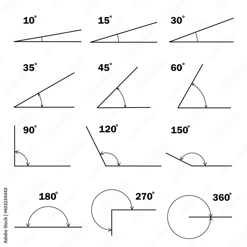 Set of different degrees angles. Geometric mathematical degree angle with arrow icon isolated. Educational school geometry learning materials - obrazy, fototapety, plakaty 