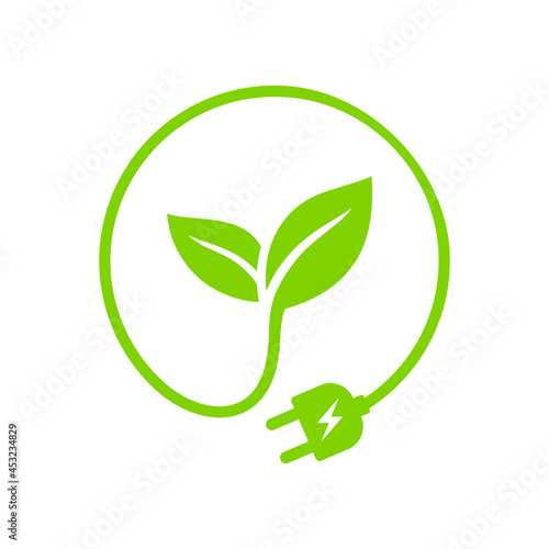 Green leaf with plug electric icon, Renewable power and clean energy, Eco friendly charging symbol, Vector illustration