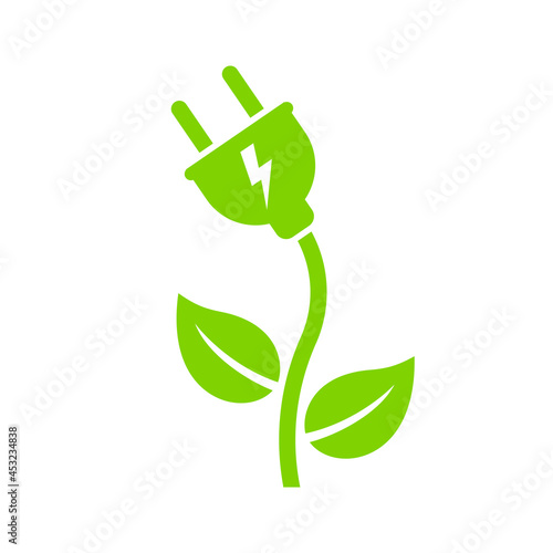 Green electric plug, Plant and leaf shape, Renewable power and clean energy, Eco friendly charging symbol, Vector illustration