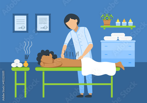 Acupuncture. A woman acupuncturist in the office conducts an acupuncture procedure to a patient. Alternative medicine. Flat vector illustration.