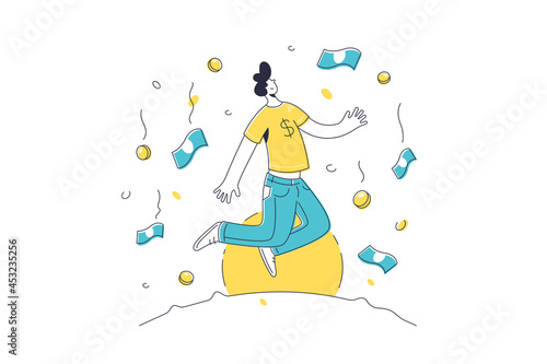 Character stand under rain of money
