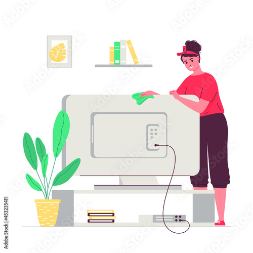 Young woman doing house cleaning. Girl wipes dust TV. Woman busy with household chores vector illustration isolated white background