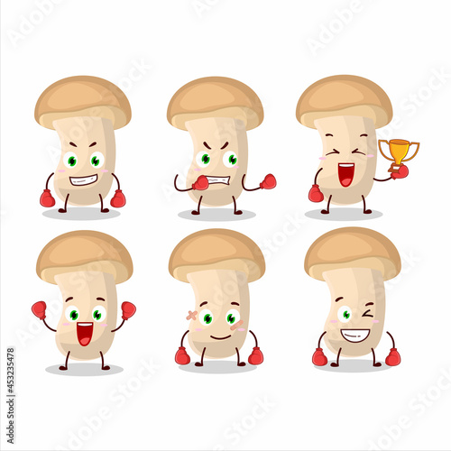 A sporty slice enokitake boxing athlete cartoon mascot design