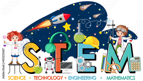 STEM education logo with scientist kids in galaxy theme