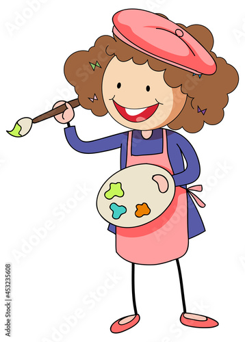 Little artist holding colour palette cartoon character isolated