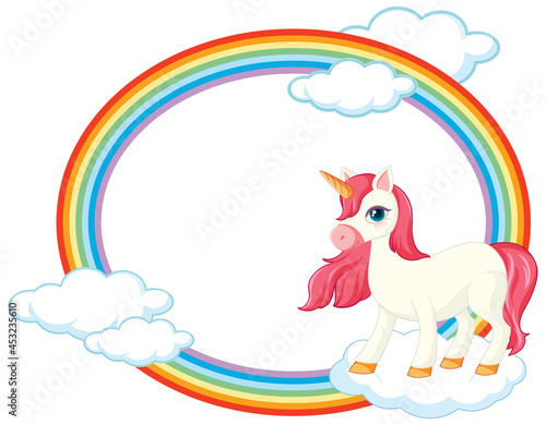 Rainbow frame with cute unicorn cartoon character