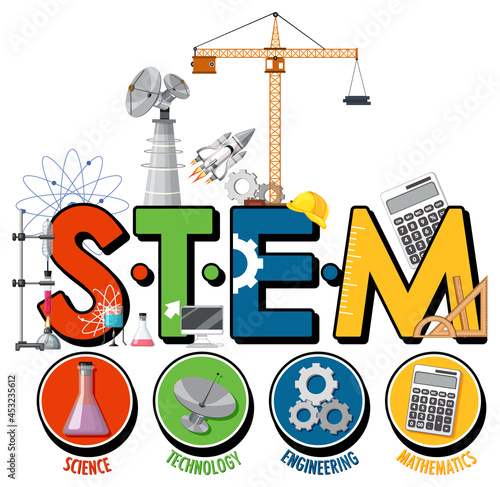 STEM education logo with scientist kid cartoon character