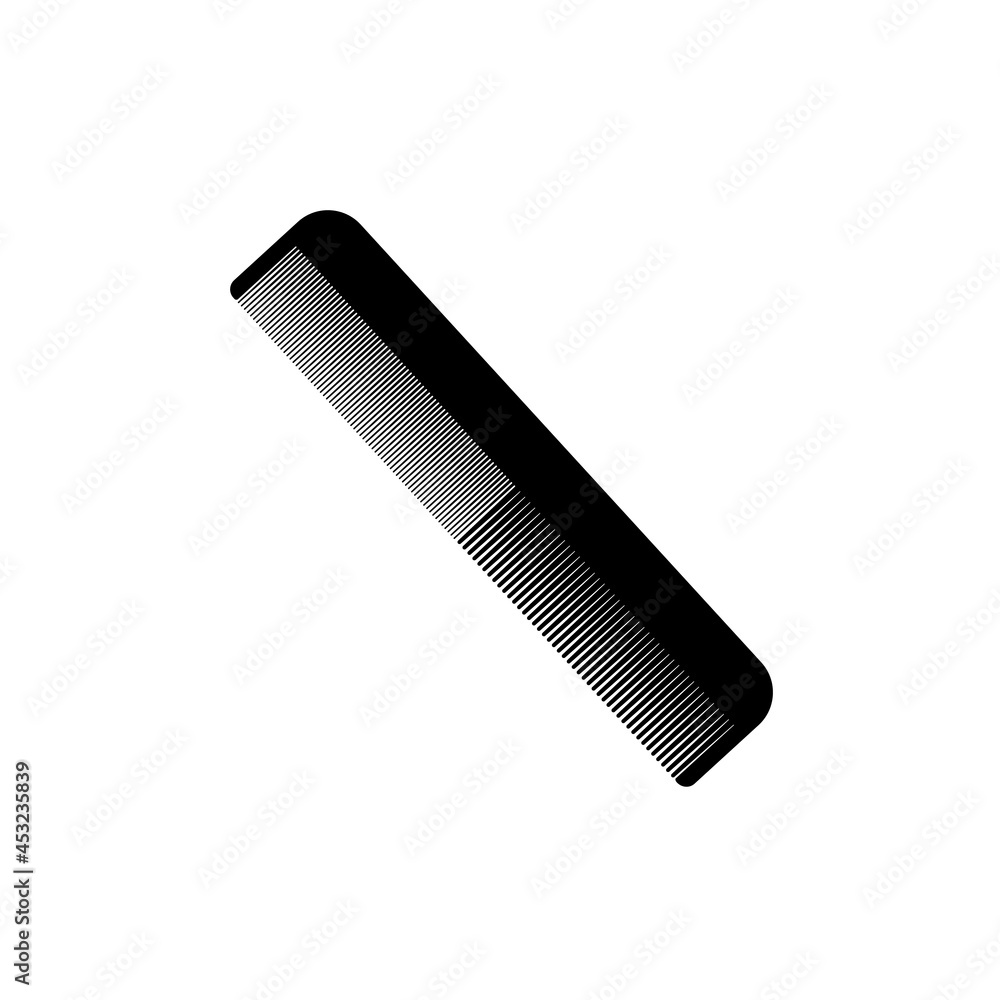 Silhouette of a black plastic comb with small and medium teeth on a white background. Silhouette of a black plastic comb with small and medium teeth on a white background.