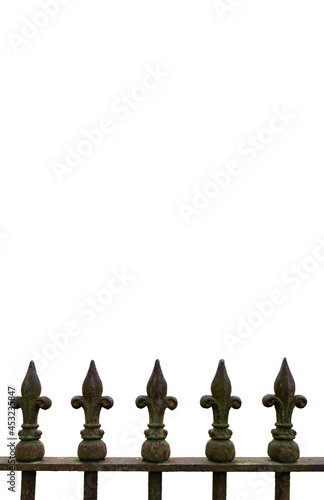 Five rusted iron antique fence finials. Isolated on white background.