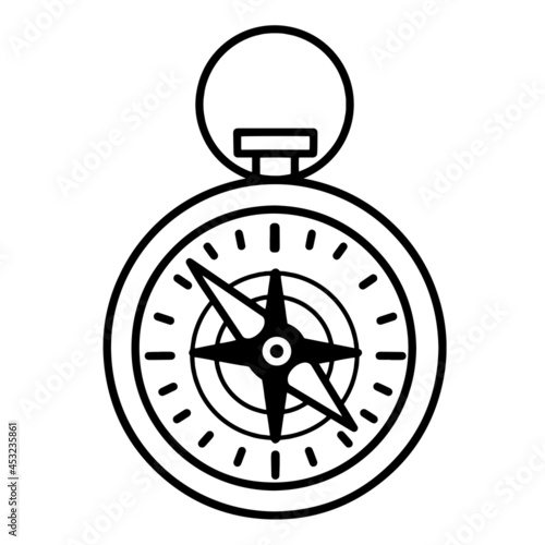 Compass vector icon. Hand drawn doodle on a white background. Hiking equipment for orienteering on the terrain. Round compass with holder, scale and arrow pointers. Monochrome illustration.