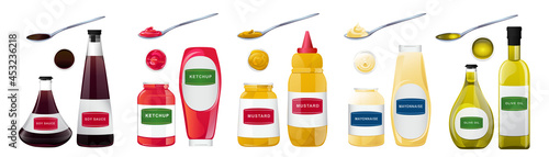 Big sauce in bottles set. Soy, Olive Oil, Mustard, Ketchup and Mayonnaise sauces. Condiment elements for food design.