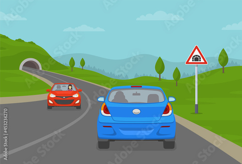 Blue sedan car driving into mountain road tunnel. Tunnel ahead warning road or traffic sign. Flat vector illustration template.