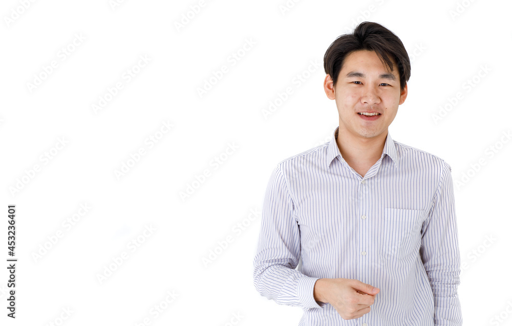 Portrait isolated Close up studio mug shot of young happy handsome Asian professional successful businessman wears stripe long sleeve shirt smiling in front of white background Portrait isolated Close up studio mug shot of young happy handsome Asian professional successful businessman wears stripe long sleeve shirt smiling in front of white background