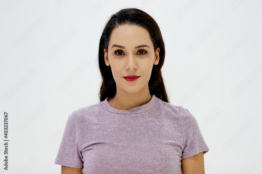 Adult beautiful charming adorable Caucasian woman or model with long straight hair wearing casual shirt, lovely smiling with happiness and confidence, standing on isolated white background cutout. Adult beautiful charming adorable Caucasian woman or model with long straight hair wearing casual shirt, lovely smiling with happiness and confidence, standing on isolated white background cutout.